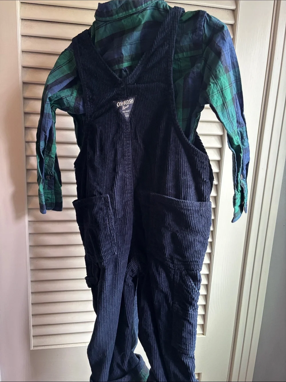 OshKosh B'gosh Navy Corduroy Overalls with Green & Blue Plaid Shirt